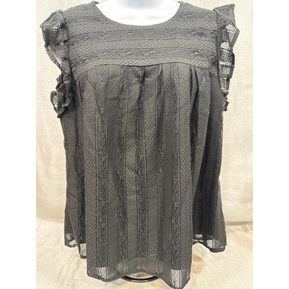 Fashion Womens‎ Black Lace Ruffle Cap Sleeve Pleated Blouse Top Size Large NWT